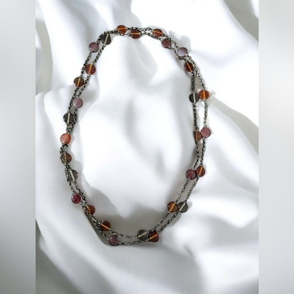 ✅Vintage 80’s dark amber / red color beads, gunmetal chain necklace 🧡❤️🩶